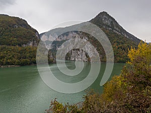 The confluence of the Lim River and the Drina River in the canyon in autumn