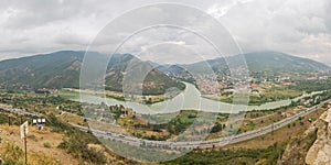 Confluence of Mtkvari Kura and Aragvi rivers with the Mtskheta city on the bank, Georgia