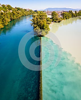Confluence of the Rhone and Arve rivers in Geneva