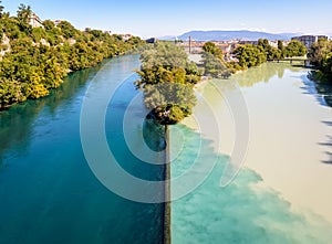 Confluence of the Rhone and Arve rivers in Geneva