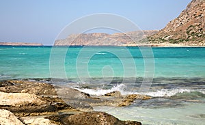 The confluence of the waters of the three seas in the Balos bay on the island of Crete in Greece