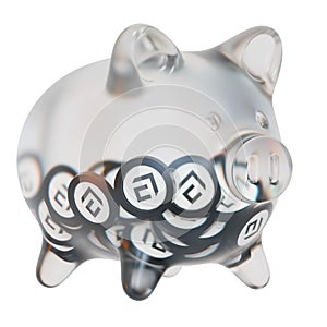 Conflux (CFX) Clear Glass piggy bank with decreasing piles of crypto coins.