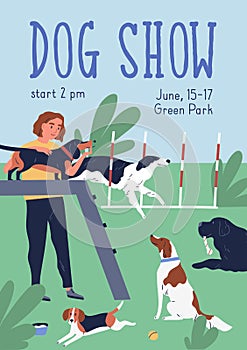 Conformation or breed show colorful poster template with place for text vector flat illustration. Vertical advertising