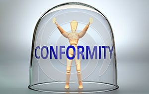 Conformity can separate a person from the world and lock in an isolation that limits - pictured as a human figure locked inside a