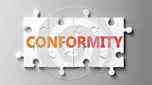 Conformity complex like a puzzle - pictured as word Conformity on a puzzle pieces to show that Conformity can be difficult and