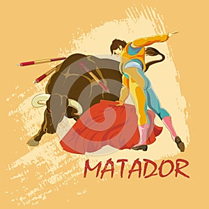 Confrontation with buffalo matador. Illustration for design bullfight tickets, bars, pubs, sports and entertainment. photo