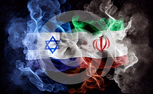 The confrontation between Israel and Iran. Israel and Iran flags in smoke shape on black background. Concept of conflict war.