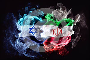 The confrontation between Israel and Iran. Israel and Iran flags in smoke shape on black background. Concept of conflict war.