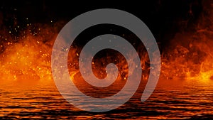 The confrontation of water vs fire. Mystical flame with reflection on the shore. Stock illustration background