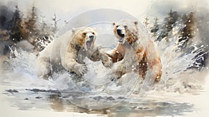 Confrontation in the wild: two polar bears in battle, water splashes, watercolor