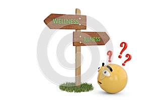 Confuse emoji wood signs wellness and illness 3d illustration.