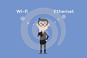 Confuse to choose whether using wifi vs ethernet for internet connection in the office illustration with white bubble