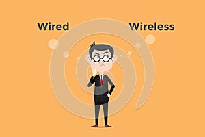 Confuse to choose whether using wired vs wireless for internet connection in the office illustration with white bubble