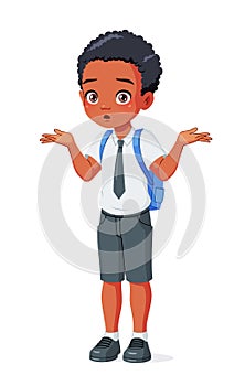 Confused African American school boy shrugging shoulders. Cartoon vector illustration.