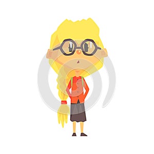 Confused Blond Girl In Glasses With A Plat, Primary School Kid, Elementary Class Member, Isolated Young Student photo