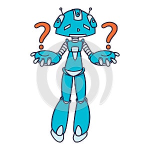 Confused blue robot asking a question.