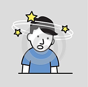 Confused boy seeing spinning stars. Loss of consciousness flat design icon. Flat vector illustration. Isolated on gray