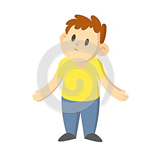 Confused boy standing shrugging his shoulders, cartoon character design. Flat vector illustration, isolated on white