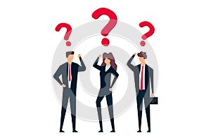 Confused business team finding solution to solve problem, businessman and woman team thinking with question mark symbol