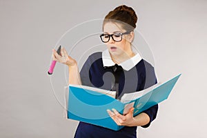 Confused business woman thinking about problem solution