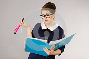 Confused business woman thinking about problem solution