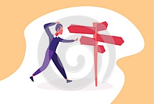 Confused businessman standing road sign choose business direction way signboard arrow horizontal cartoon character flat