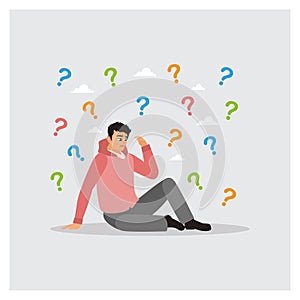 Confused businessman thinking among question marks