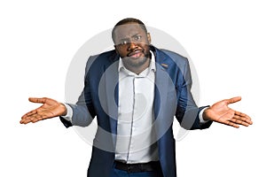 Confused businessman on white background.