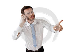 Confused businessman working on invisible interface