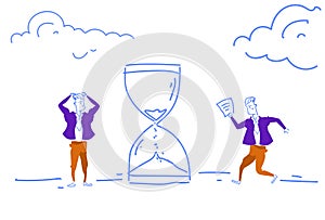 Confused businessmen hurry up sand watch icon deadline concept time business men management teamwork process horizontal