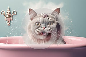 confused cat in soap in bathtub . cat grooming concept