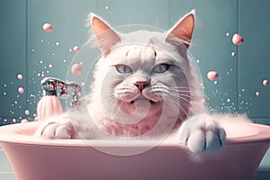 confused cat in soap in bathtub . cat grooming concept