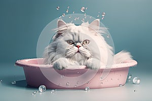 confused cat in soap in bathtub . cat grooming concept