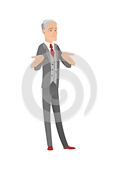 Confused caucasian businessman shrugging shoulders