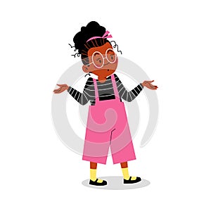 Confused doubtful girl shrugging shoulders, flat vector illustration isolated.