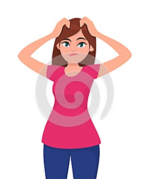 Confused and doubtful young woman scratching her head. Oops, question, doubt and decision making concept illustration in vector.