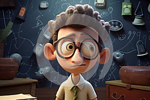 Confused genius with glasses at schoolboard cartoon. Generate ai