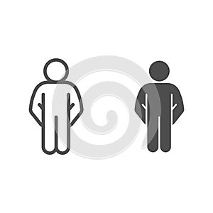Confused human pose line and solid icon. Man with hands in pockets outline style pictogram on white background. Person