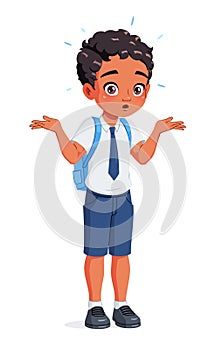 Confused Indian school boy shrugging shoulders. Cartoon vector illustration.