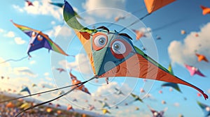 A confused kite with googly eyes flying upside down while its fellow kites look on in amut during the kite festival photo