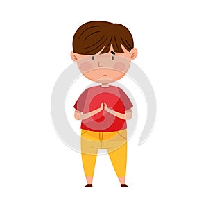 Confused Little Boy Putting His Hands Together Feeling Sorry and Expressing Regret Vector Illustration