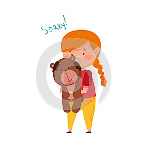 Confused Little Girl Feeling Sorry and Expressing Regret about Stained Toy Bear Vector Illustration