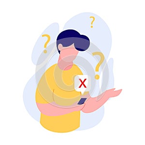 confused man holding phone with question mark and cross bubble, vector illustration