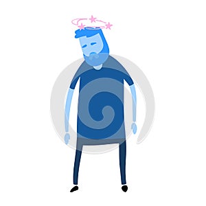 Confused man seeing spinning stars. Loss of consciousness flat design icon. Flat vector illustration. Isolated on white