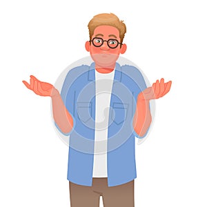 Confused man shrugs. Gesture Oops or I do not know. Concept of question. Vector illustration