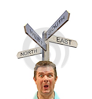 Confused man sign post arrows direction north south east west