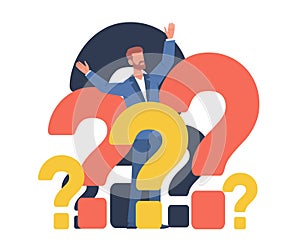 Confused man standing among question marks, concept of confusing options and complicated answers. Solving problems