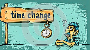 Confused man and time change sign illustration