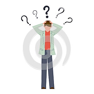 Confused man. Young serious creative person think about doubt troubled question vector concept