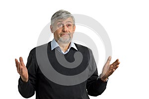 Confused mature man on white background.